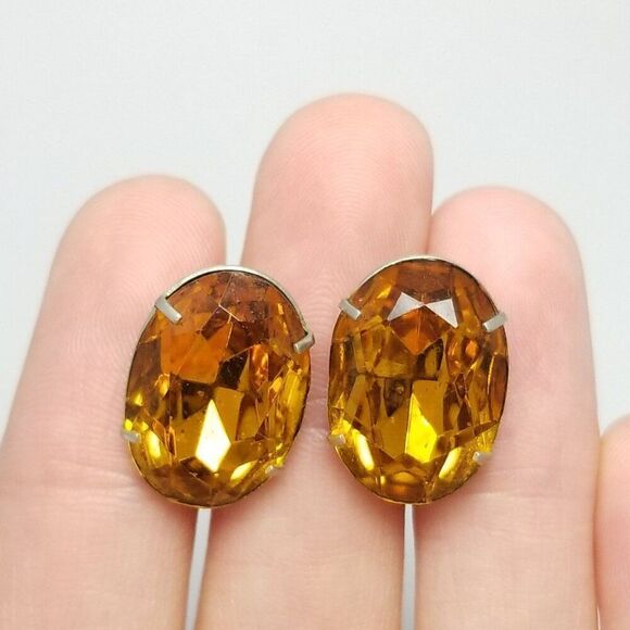 Vintage Sterling Silver Orange Oval Rhinestone Clip On Screw Back Earrings - Picture 7 of 8